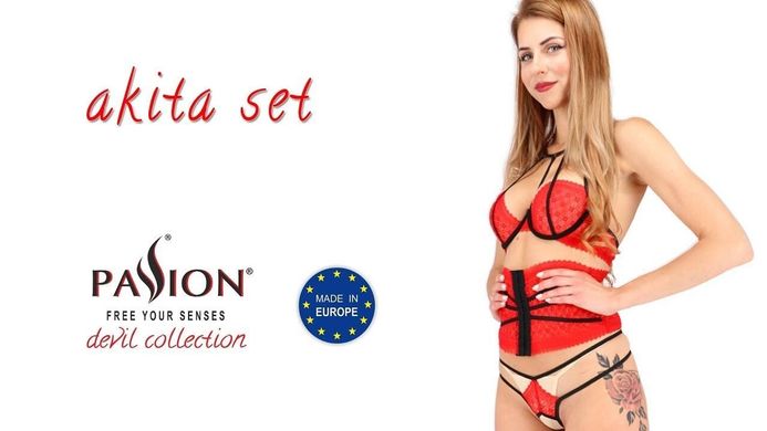 Комплект белья AKITA SET red - Passion Exclusive: широкий пояс, лиф, стринги, Красный, L\XL