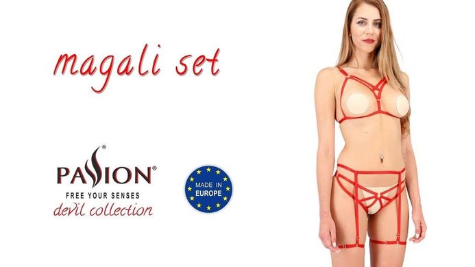 Комплект белья MAGALI SET OpenBra red - Passion Exclusive: стрэпы: лиф, трусики и пояс, Красный