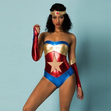 Эротический ролевой костюм "Wonder Woman" JSY: боди, митенки, головной убор, S/M
