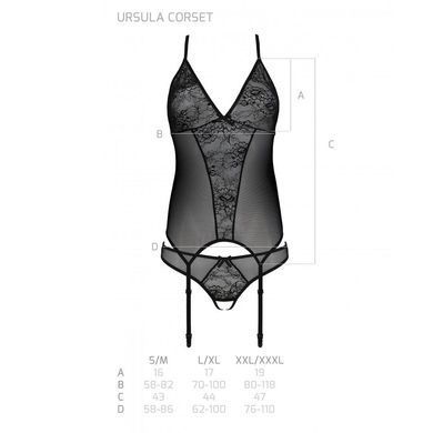 Корсет із пажами, трусики з ажурним декором та відкритим кроком Passion URSULA CORSET XXL/XXXL black