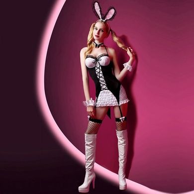 Эротический костюм кролика "Милашка Джейн" JSY: платье, ушки, чулочки, трусики, браслеты и чокер, Черный/розовый, S/M