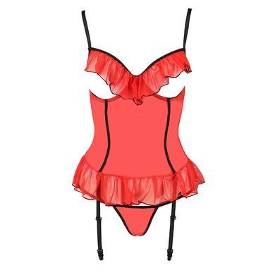 Корсет с открытой грудью CHERRY CORSET red Passion Exclusive, трусики, пажи, стрэпы, оборочки, Красный, XXL/XXXL