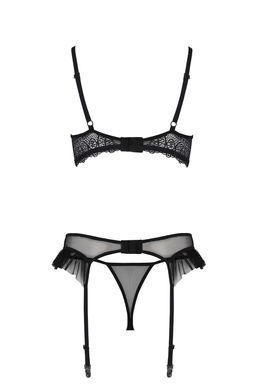 Комплект Passion KERRIA SET WITH OPEN BRA black, XXL/XXXL, бюстгальтер з відкритою чашкою, стрінги, пояс для панчіх