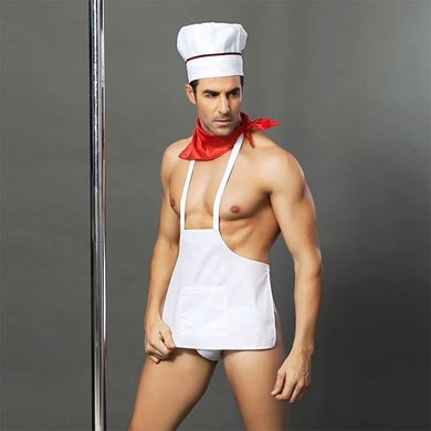 Мужской эротический костюм повара "Умелый Джек": слипы, фартук, платок и колпак, Белый/красный, S/M