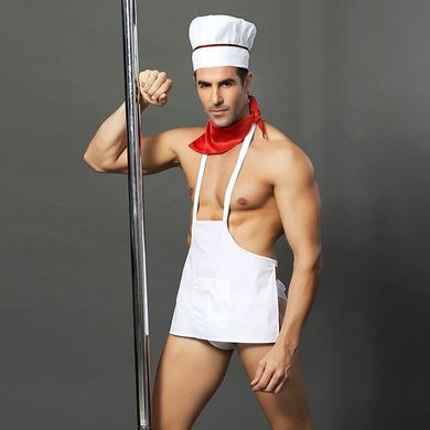 Мужской эротический костюм повара "Умелый Джек": слипы, фартук, платок и колпак, Белый/красный, S/M