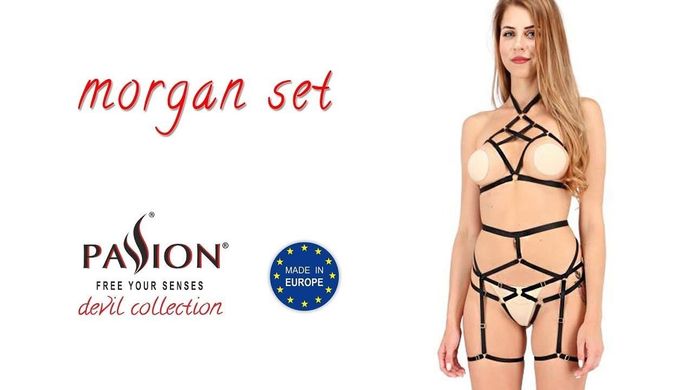 Комплект білизни MORGAN SET OpenBra black S/M - Passion Exclusive: стрепи: трусики, ліф, пояс