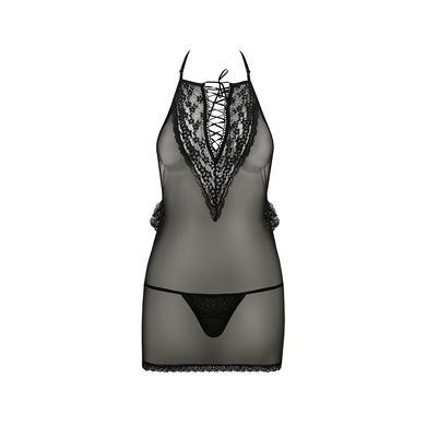 Сорочка прозора приталена Passion ERZA CHEMISE black, трусики, Чорний, XXL/XXXL