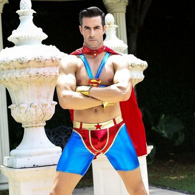 Мужской эротический костюм супермена "Готовый на всё Стив": плащ, портупея, шорты, манжеты, Синий/красный, S/M