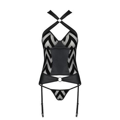 Сітчастий комплект із візерунком, корсет, підв'язки, трусики Passion HIMA CORSET XXL/XXXL black