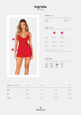 Пеньюар Obsessive Ingridia chemise & thong XL/2XL, червоний, сорочка, стрінги